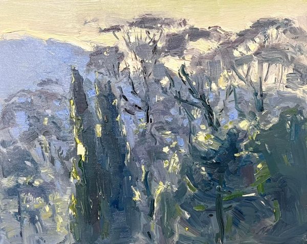 Gleznas ziemā ar saulē mirdzošiem kokiem
