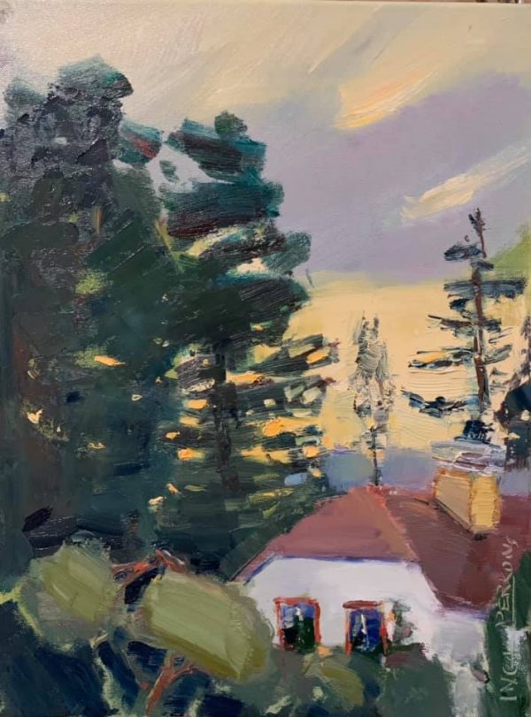 Gleznas ar māju un kokiem