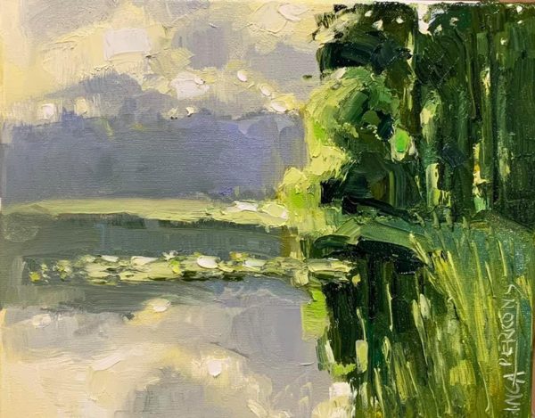 Gleznas ar ezeru rītausmā